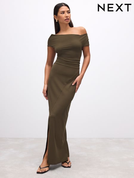 Khaki Green Polyamide Slinky Ruched Off The Shoulder Midi Dress (AJ5872) | € 58