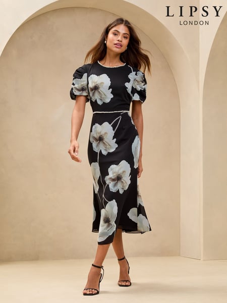 Lipsy Monochrome Floral Print Pearl Trim Fit And Flare Midi Dress (AJ6333) | € 140