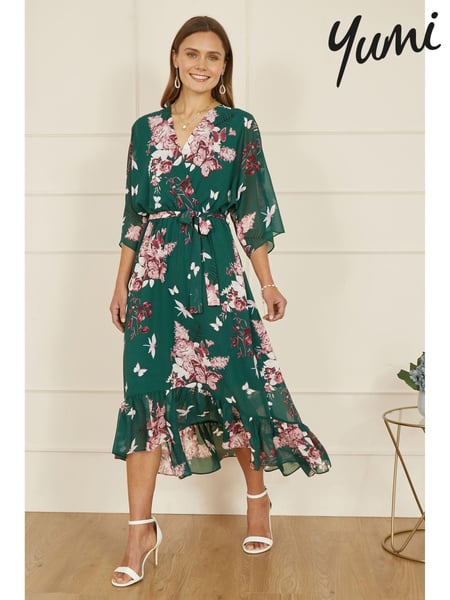 Yumi Green Floral Kimono Dipped Hem Dress (AJ6377) | € 101