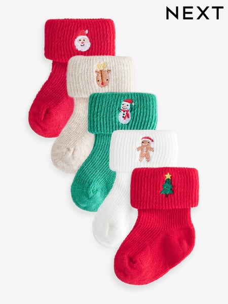 Red Green White Roll Top Embroidered Christmas Socks 5 Pack (0mths-2yrs) (AJ6717) | € 7