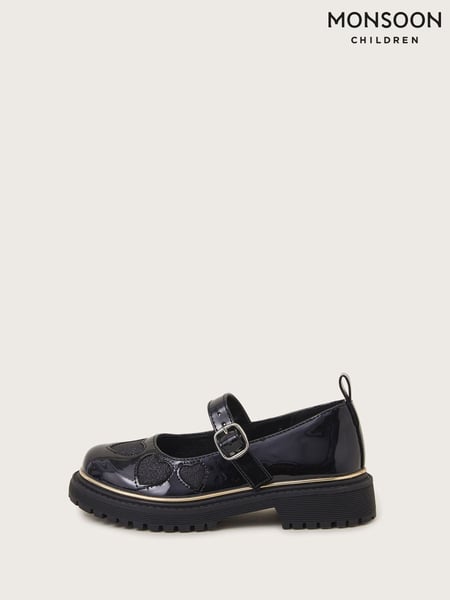 Monsoon Black Glitter Heart Chunky Mary Jane Shoes (AJ7063) | € 44 - € 50