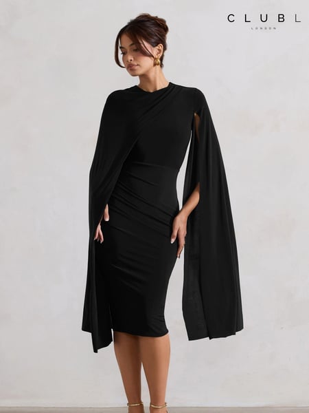 Club L London Black Marysol Asymmetric  Cape Midi Dress (AJ7374) | € 109