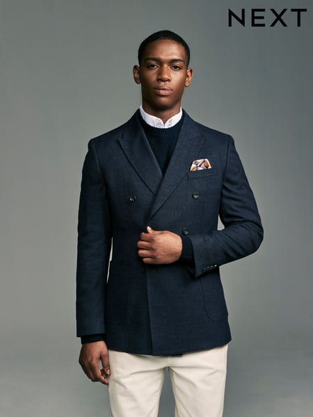 Navy Blue Regular Fit Double Breasted Textured Blazer (AJ7671) | € 118