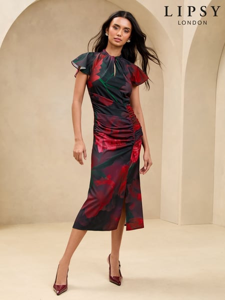 Lipsy Black Floral Short Sleeve Ruched Keyhole Fit And Flare Midi Dress (AJ8335) | € 122