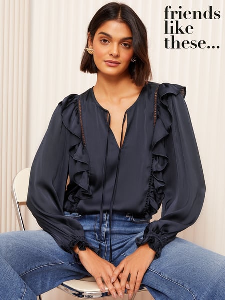 Friends Like These Navy Long Sleeve Ruffle Trim Tie Front Blouse (AK0119) | € 55
