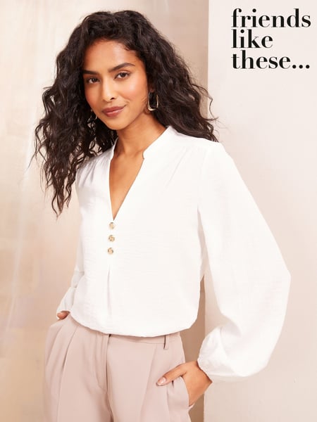 Friends Like These Ivory Petite Long Sleeve Button Notch Neck Blouse (AK0287) | € 47