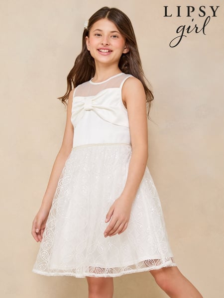 Lipsy Ivory 3D Bow Pearl Trim Ocassion Dress (5-16yrs) (AK1404) | € 94 - € 106