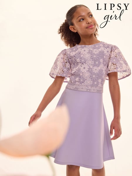 Lipsy Lilac Purple 2-in-1 Flutter Sleeve Lace Occasion Dress (5-16yrs) (AK1408) | € 78 - € 90