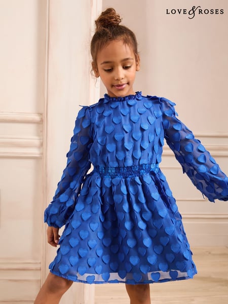 Love & Roses Cobalt Blue 3D Heart Long Sleeve Dress (5-16yrs) (AK1432) | € 75 - € 87