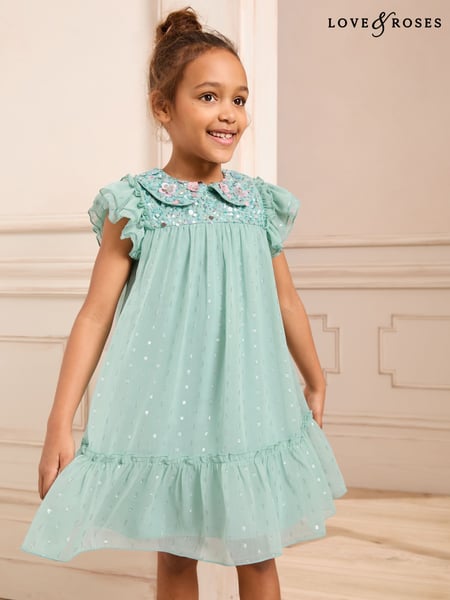 Love & Roses Mint Green Sequin Collar Occasion Dress (3-12yrs) (AK1438) | € 75 - € 87