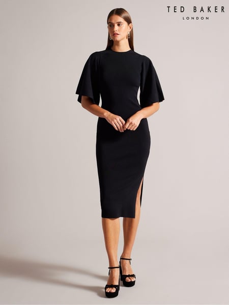Ted Baker Black Lounia Fluted Sleeves Knitted Bodycon Midi Dress (AK1625) | € 195
