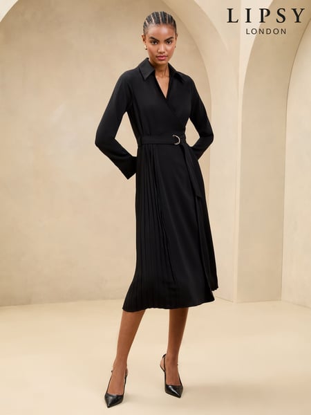 Lipsy Black Pleated Skirt Belted Midi Shirt Dress (AK1648) | € 46