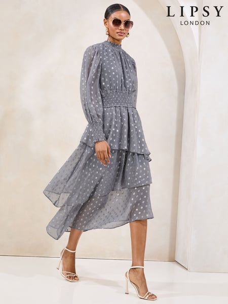 Lipsy Blue Metallic Viscose Long Sleeve Ruffle Midi Dress (AK1650) | € 117