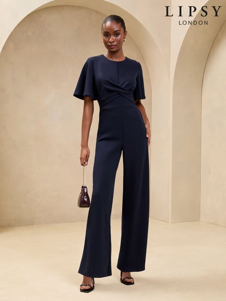 Navy Cross Front Flutter Sleeve Jumpsuit (AK1816) | € 46