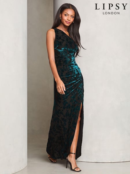 Lipsy Teal Petite Velvet Devore One Shoulder Maxi Dress (AK2097) | € 77