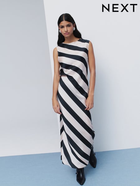 Black and Neutral Stripe Sleeveless Satin Drape Waist Detail Midi Dress (AK3060) | € 70