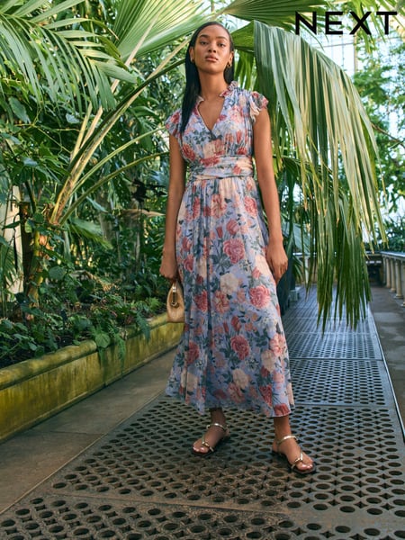 Blue Floral Pleated Mesh Print V-Neck Occasion Midi Dress (AK3128) | € 119