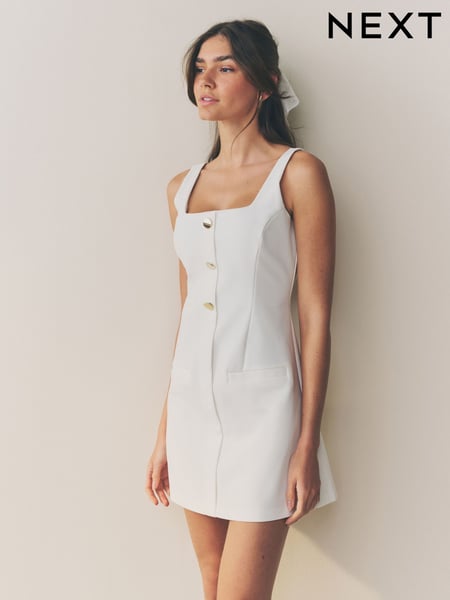 White Square Neck Gold Button Mini Dress (AK3132) | € 84