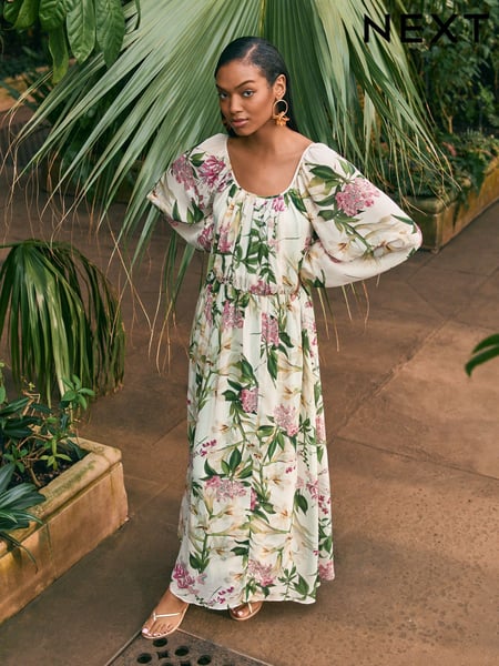 Kew Collection Cream And Green/Pink Floral Long Sleeve Pleated Maxi Dress (AK3139) | € 138