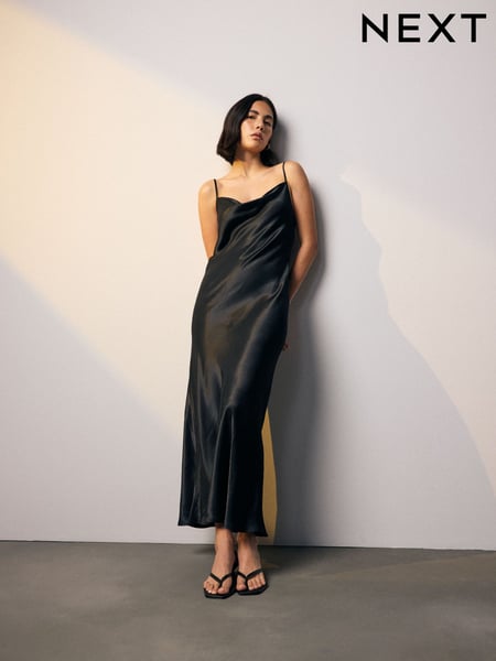 Black Satin Cowl Neck Strappy Tie Back Midi Slip Dress (AK3143) | € 70