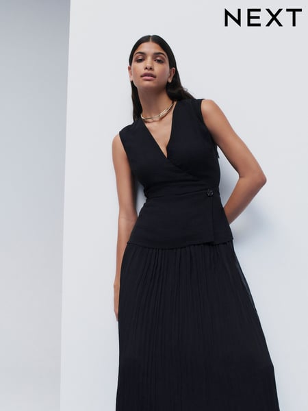 Black Sleeveless V-Neck Waistcoat Pleated Skirt Midi Dress (AK3148) | € 100