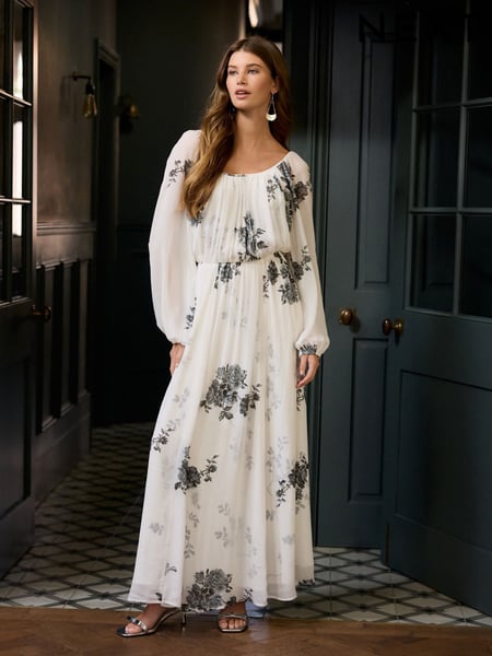 White/Black Floral Long Sleeve Pleated Maxi Dress (AK3150) | € 116