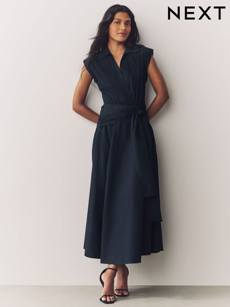 Navy Blue Cap Sleeve Tie Waist Shirt 100% Cotton Dress (AK3158) | € 102