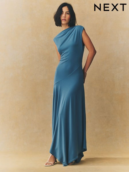 Chambray Blue Short Sleeve Asymmetric Hem Midi Dress (AK3161) | € 90