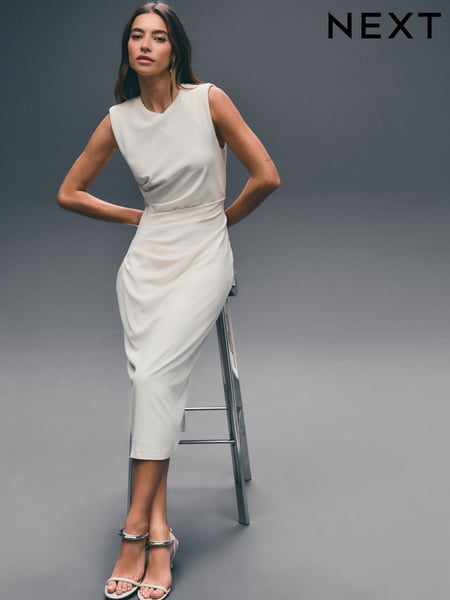 Ecru Sleeveless Column Rouched Midi Dress (AK3163) | € 93