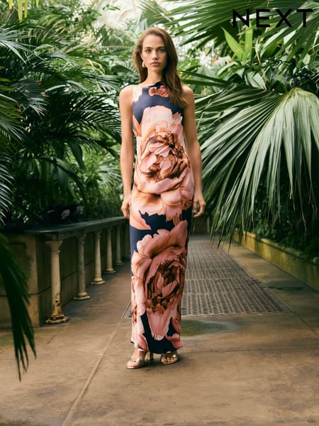 Navy Blue/Pink Floral Kew Collection Cowl Neck Maxi Dress (AK3173) | € 51