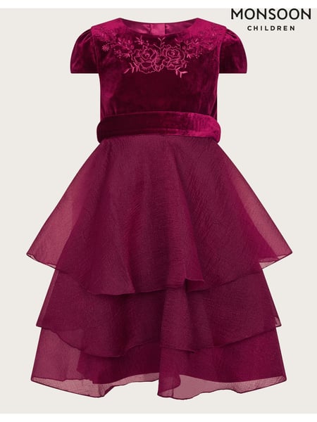 Monsoon Red Mabel Embroidered Velvet Ruffle Dress (AK3202) | € 101 - € 117