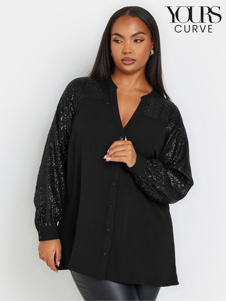 Yours Curve Black Sequin Sleeve Notchneck Blouse (AK4049) | € 26