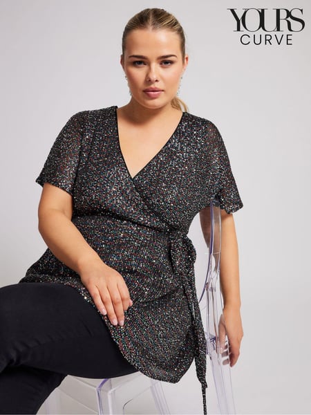 Yours Curve Black London Sequin Rainbow Wrap Top (AK4227) | € 39