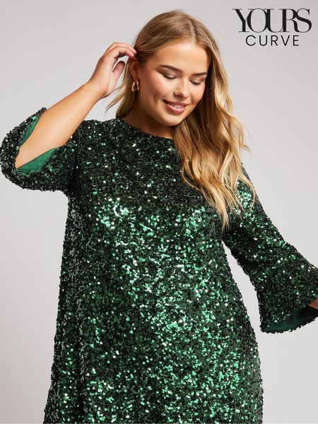 Yours Curve Green London Sequin Flute Sleeve Top (AK4240) | € 39