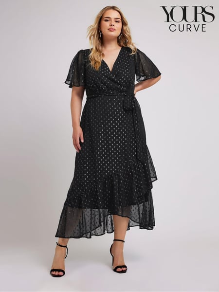 Yours Curve Black London Metallic Dobby Ruffle Wrap Dress (AK4473) | € 98