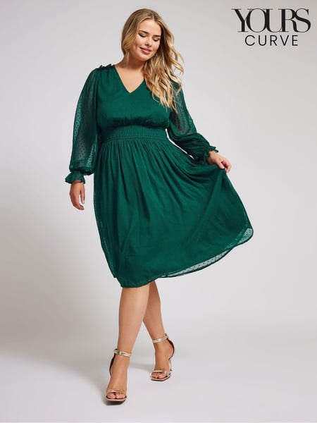 Yours Curve Green London Dobby Shirred Waist Dress (AK4479) | € 78