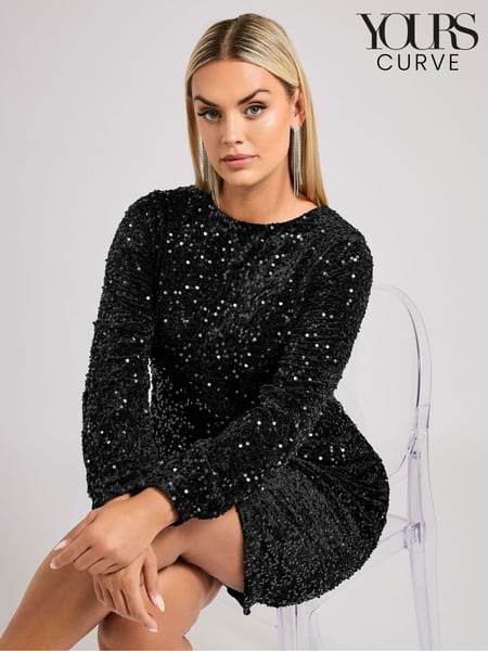 Yours Curve Black London Sequin Velvet Long Sleeve Shift Dress (AK4493) | € 41