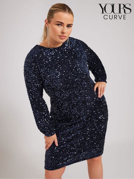 Yours Curve Blue London Sequin Velvet Long Sleeve Shift Dress (AK4515) | € 41