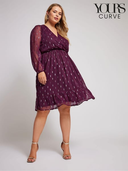 Yours Curve Purple London Metallic Dobby Wrap Midi Dress (AK4519) | € 89