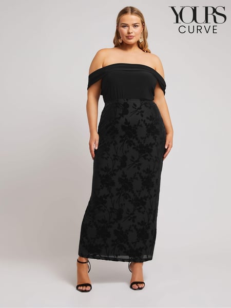 Yours Curve Dark Black London Burn Out Velour Column Skirt (AK4957) | € 61