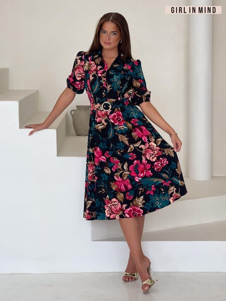 Girl In Mind Black Red Floral Holland Floral Collar Midi Dress (AK5450) | € 78