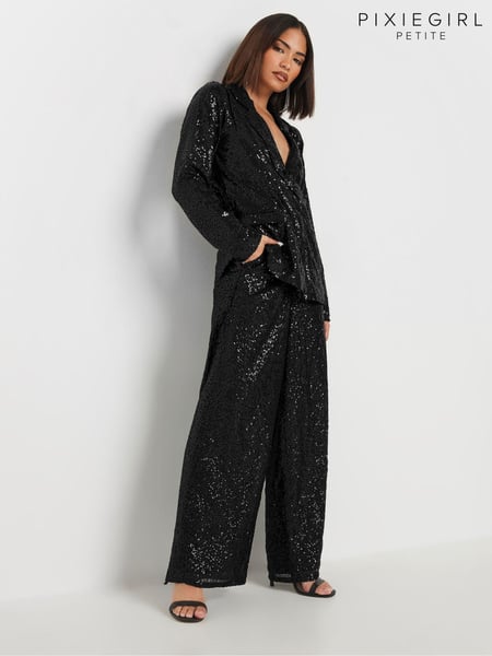 PixieGirl Petite Black Sequin Wide Leg Trousers (AK6427) | € 49