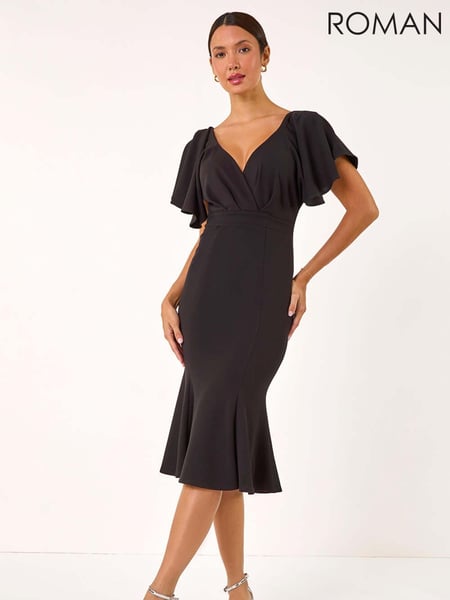 Roman Black Flared Sleeve Front Wrap Midi Dress (AK7444) | € 101