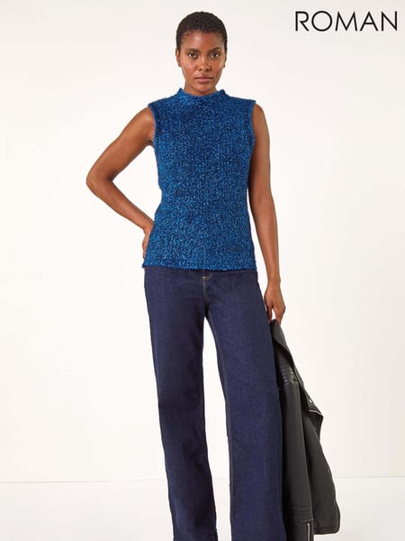 Roman Blue High Neck Fluffy Knit Top (AK7585) | € 84