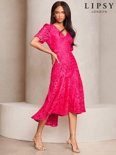 Lipsy Pink Premium Broderie Lace Short Sleeve V-Neck High Low Midi Dress (AK8237) | € 242