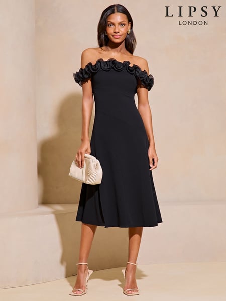 Lipsy Black Ruffle Bardot Fit And Flare Midi Dress (AK8244) | € 123