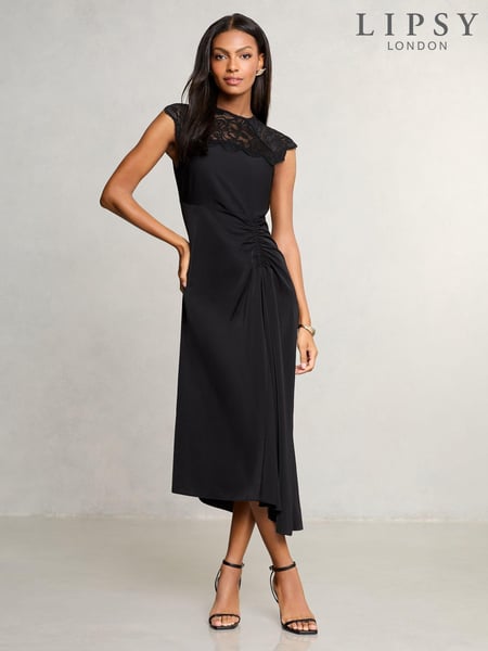Lipsy Black Lace Top Asymmetrical Fit and Flare Midi Dress (AK8255) | € 119