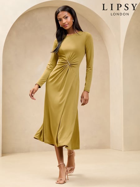 Lipsy Green Petite Ruched Fit and Flare Midi Dress with Gold Trim Detail (AK8689) | € 92