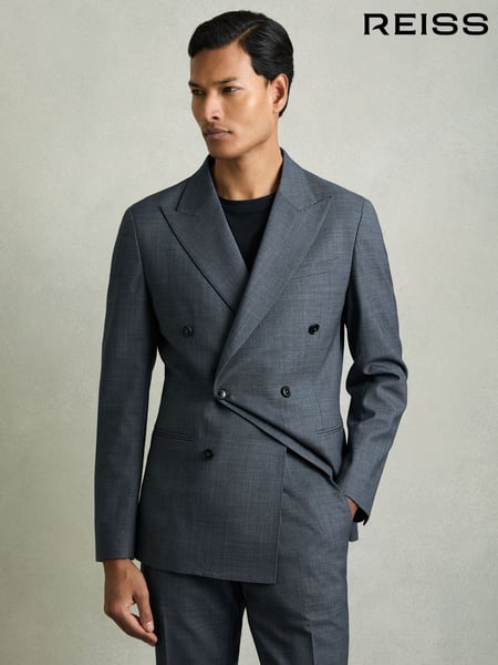 Reiss Airforce Blue Malibu Regular-Fit Double-Breasted Sharkskin Wool-Blend Suit Blazer (AK9830) | € 546