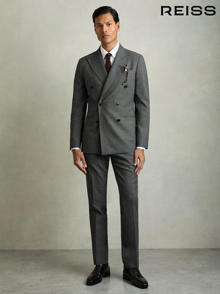 Reiss Charcoal Grey Malibu Regular-Fit Double-Breasted Sharkskin Wool-Blend Suit Blazer (AK9846) | € 546